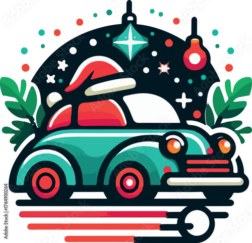 Santa Claus car decor logo icon, colorful vector illustration  white background. .