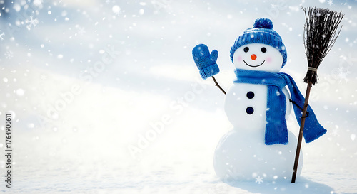 3d illustration of cheerful snowman with a blue hat and scarf standing in a snowy landscape, holding a broom and waving, isolated on white background, spreading winter joy