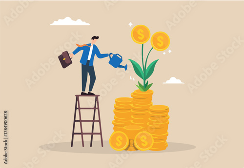 Flat illustration of businessman watering stack of coin growing money plant symbolizing mutual fund and wealth investment