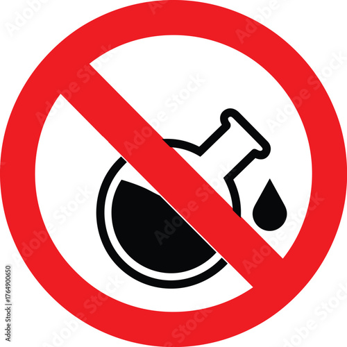 Black chemical flask with droplet inside red prohibition symbol indicating no hazardous substances or chemicals allowed safety warning