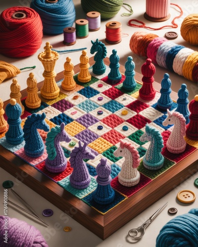 A vibrant, handcrafted chess set made of yarn and colorful materials, surrounded by crafting supplies, showcasing creativity and leisure.
