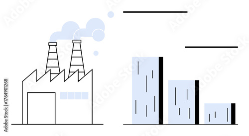 Factory with chimneys emitting smoke beside a descending bar chart. Ideal for pollution, climate change, industry, environment, energy consumption, sustainability, economic trends. Simple flat