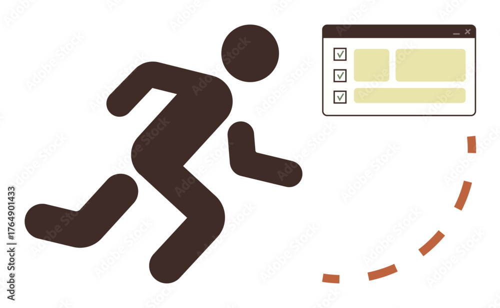 Fototapeta premium Figure running with urgency toward a checklist, signifying task management, progress, motivation, efficiency, goals, deadlines and success. Ideal for productivity planning and action. Simple flat