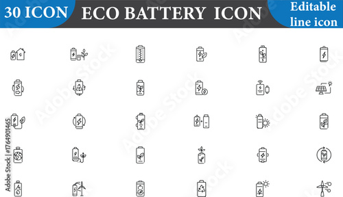 This eco battery icon set features editable line icons on a white background. Perfect for illustrating renewable energy, sustainability, and electric power concepts in your designs.