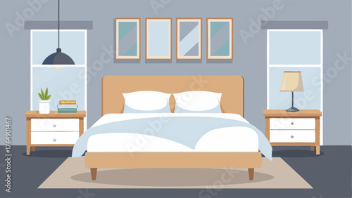 A comfortable and inviting guest bedroom with a light grey wall color a soft white comforter and light wood furniture.