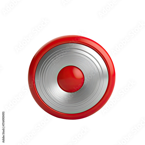 Glossy red and silver stylized object with concentric circles, on black background