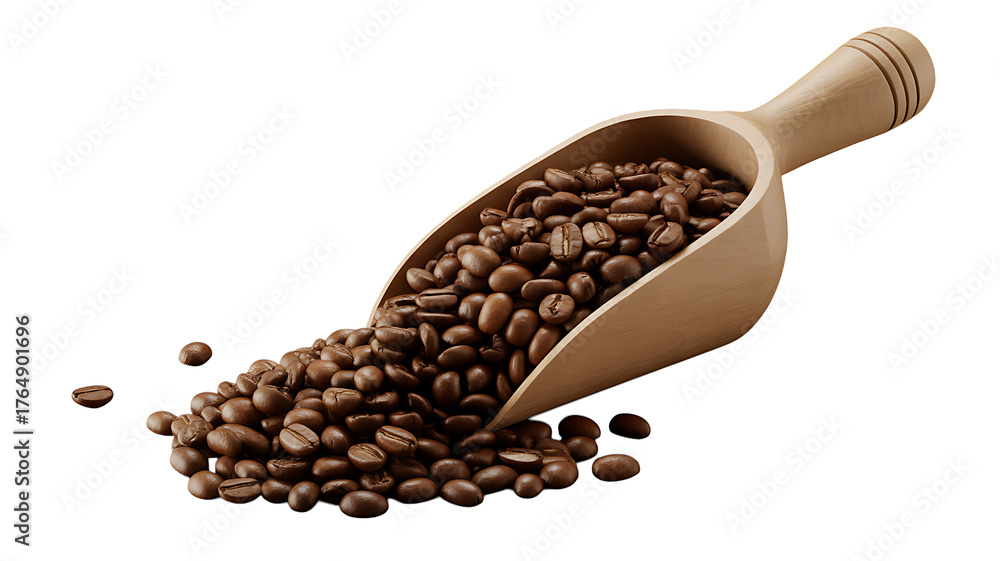 Obraz premium Roasted Coffee Beans and Scoop: A close-up shot of roasted coffee beans spilling from a wooden scoop, the rich color and texture, capturing the essence of a fresh brew.