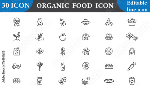 This organic food icon set features editable line icons on a white background. Perfect for illustrating healthy eating, farming, and sustainable living concepts in your designs.