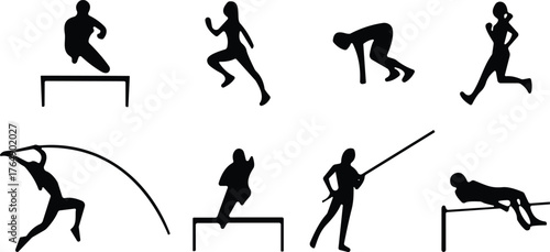Black silhouette icons of athletes performing track and field events including sprinting, hurdling, pole vaulting, javelin throw, and high jump