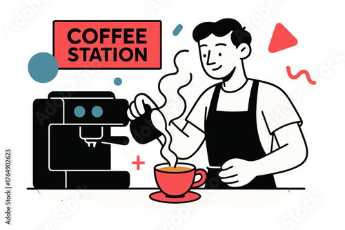 Geometric Latte Artistry. Coffee Station. Barista preparing latte with floating abstract geometric shapes and steam accents, modern and inviting cafe moment.