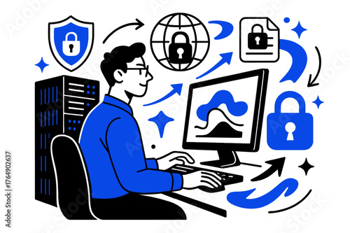 Global Data Security. Online privacy laws and their global implications. IT specialist monitoring server room with abstract floating locks, shields, and