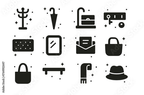 Homey Entryway Icons. Homey Entryway. Solid icons set of Homey Entryway: coat rack, shoe shelf, umbrella, key hook, doormat, mirror, mail tray, bench, tote