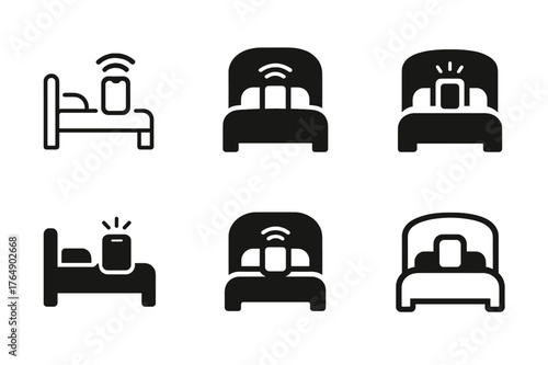 Bedside Phone Logos. Checking social media one last time. Set Logo of Checking social media one last time: a bed silhouette beside a glowing phone. harmonious