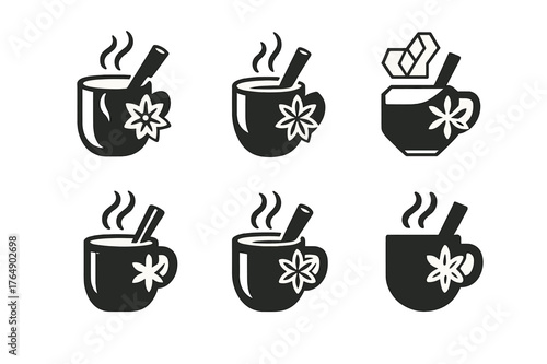 Festive Market Logos. Christmas market and festive decorations. Set Logo of Christmas market and festive decorations: a steaming mulled wine cup with cinnamon