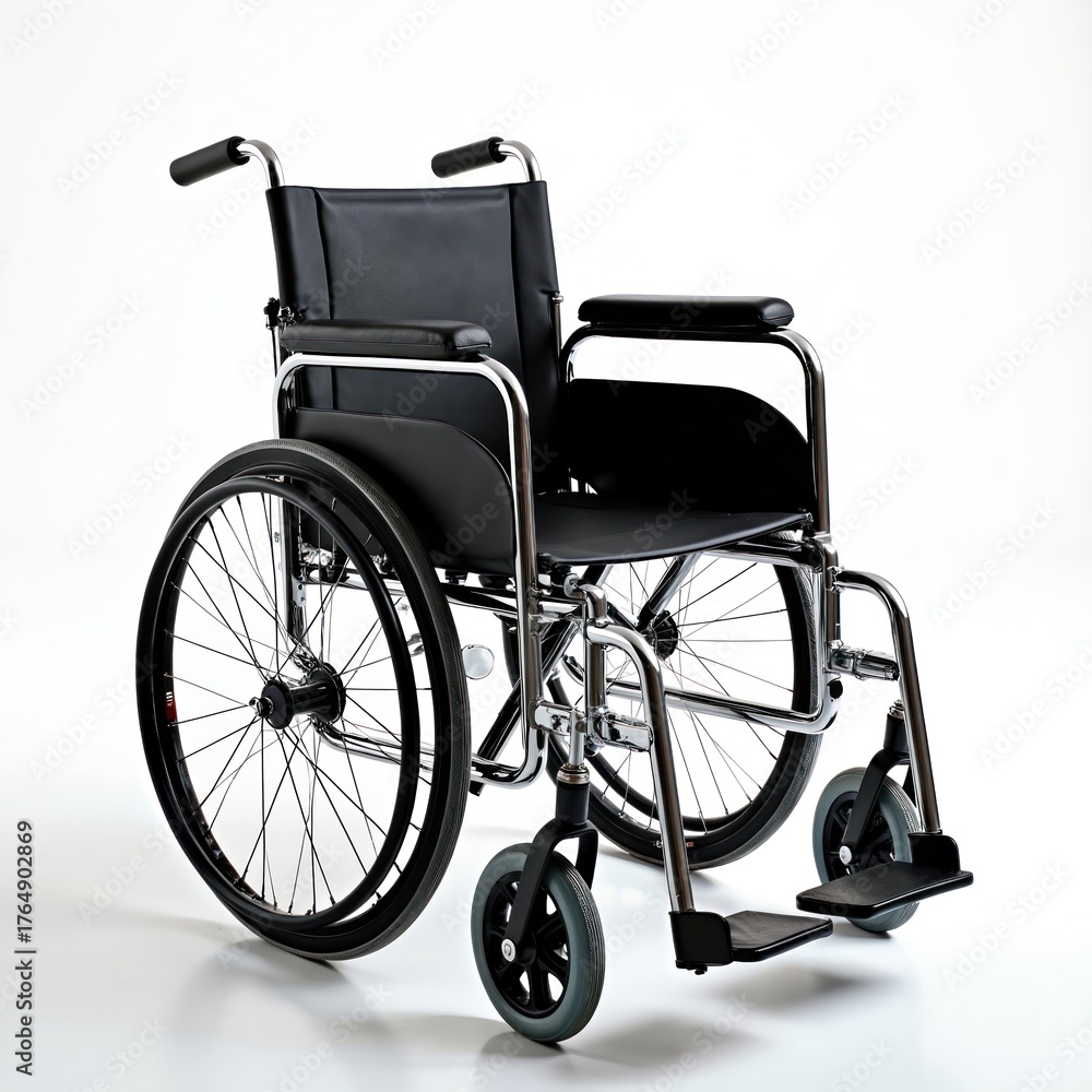 Fototapeta premium Chrome wheelchair stands alone on white backdrop. Modern medical equipment for mobility support. Black design with ergonomic features. Disability aid device. Healthcare concept. Equipment for indoor