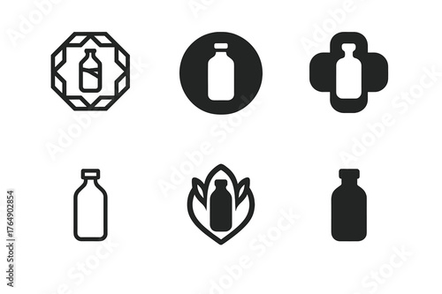 Logo Variations Grid. Packaging labels layout. Set Logo of Packaging labels layout: a wraparound bottle label on a cylindrical bottle. harmonious
