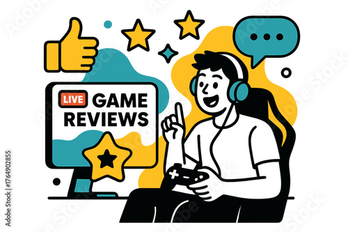 Energetic Game Review. Game Reviews. Gamer streaming live review of a new release, floating abstract thumbs-up, stars, and chat icons, energetic and