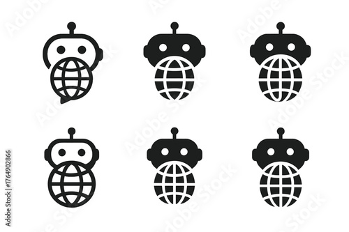 Multilingual Chatbot Logos. chatbots for business. Set Logo of chatbots for business: multilingual globe chatbot symbol. harmonious logo variations of the same