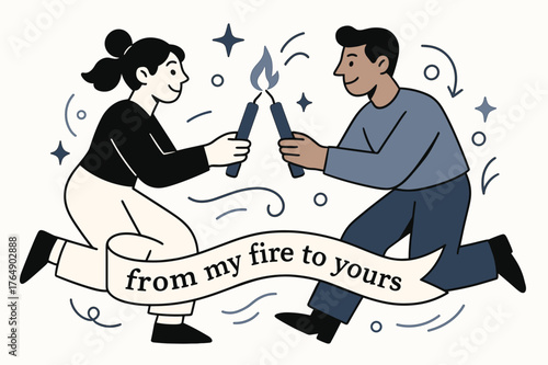 Passing the Flame. Keeper of the Hearth ? Passing the Flame. Two figures touch candles tip-to-tip; a soft spark bridges the light. Ribbon reads ?from my fire