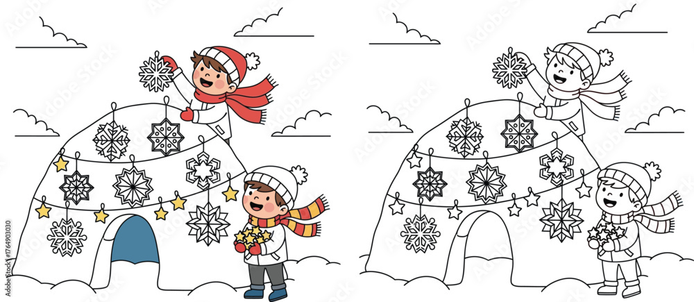 Obraz premium Children Decorating Igloo with Snowflakes and Stars - Winter Coloring Page