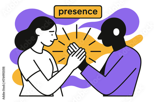 Healing Hands Illustration. Touch-Based Healing. Two hands meet at the sternum, simple outlines radiate warmth lines outward. A floating tag says ?presence.?