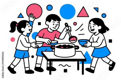 Educational Food Rationing. Rationing Food. Children helping divide food portions with floating abstract geometric shapes, educational and mindful scene.