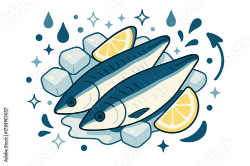 Vibrant Sardine Delight. Oily fish. Fresh sardine fillets on ice with lemon wedges; floating abstract droplets and sparkles suggest freshness, nutrition, and