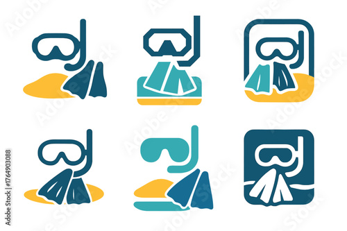 Snorkeling Island Adventures. Island hopping and tropical vacation spots. Set Logo of Island hopping and tropical vacation spots: a snorkeling mask and