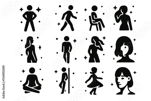 Model Pose Icons. Model Poses. Solid icons set of Model Poses: power pose, walking stride, seated pose, over-shoulder look, hand in pocket, hair flip, profile