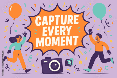 Capture Every Moment. Capture every moment banner, flat vector illustration, bold oversized text inside comic burst, cartoon characters running and waving,