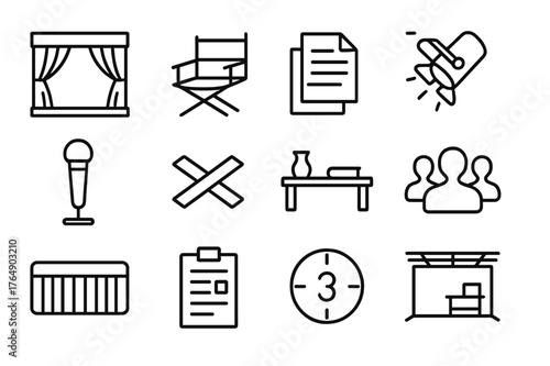 Stage Rehearsal Icons. Stage Rehearsal. Line icon set of Stage Rehearsal: open stage, director chair, script pages, spotlight, microphone, floor tape marks,