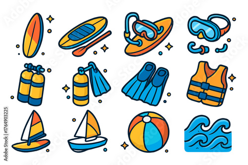Seaside Fun Icons. Seaside activities. Colorful isometric vector icons set of seaside activities: surfboard, paddleboard, kayak, snorkeling, scuba tank, diving