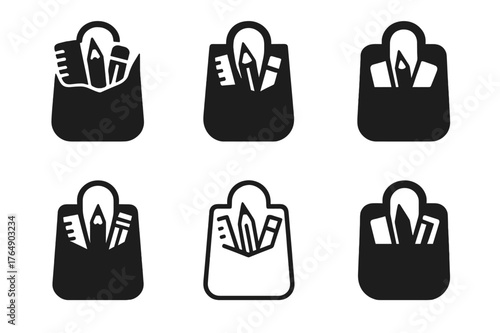 School Supplies Logos. School supplies shopping list. Set Logo of School supplies shopping list: a paper shopping bag with supplies peeking out. harmonious