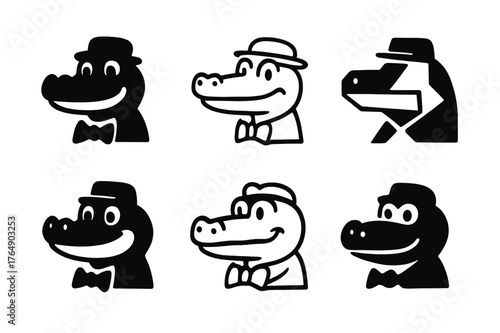 Crocodile Gena Logos. Crocodile Gena. Set Logo of Crocodile Face: Filled silhouette, Minimal outline, Abstract geometric, Negative space, Stylized detail,
