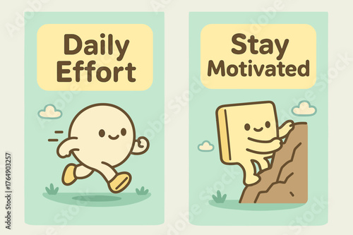 Kawaii Motivational Banners. Daily effort. Two vertical A6 banners with safe margins, centered composition, no elements touching edges, kawaii, pastel mint and