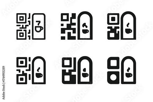 Virtual Coworking Logos. Virtual coworking cafes. Set Logo of Virtual coworking cafes: QR check-in with cafe door. harmonious logo variations of the same