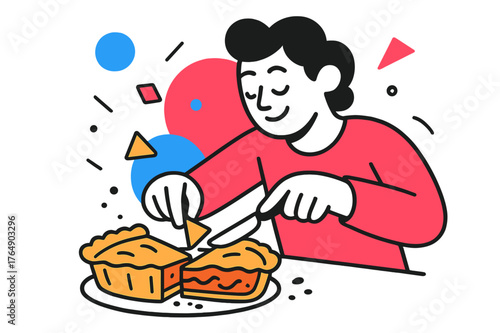 Geometric Pie Delight. A Person Slicing into a Homemade Pie with Flaky Crust and Delicious Filling. Person enjoying a freshly sliced pie with floating abstract