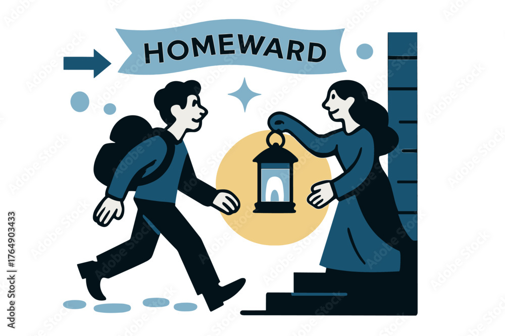 Obraz premium Welcoming Lantern Glow. Keeper of the Hearth ? Lantern on the Porch. A small lantern casts a welcoming circle; footprints approach through the dusk. Banner