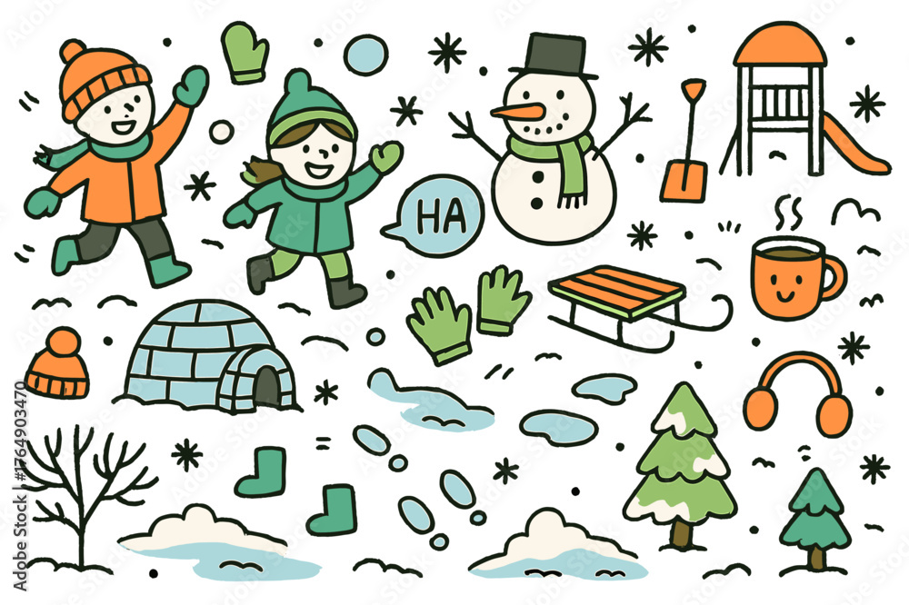 Fototapeta premium Winter Wonderland Playtime. Winter playtime. Hand-drawn doodle illustration snowballs (colored), children (colored), snowman (colored), winter hats (colored),
