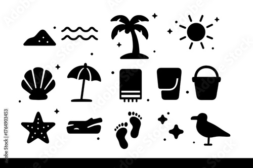 Quiet Shore Icons. Quiet Shore. Solid icons set of Quiet Shore: sand, ocean waves, palm tree, sun, seashell, beach umbrella, towel, bucket, starfish,