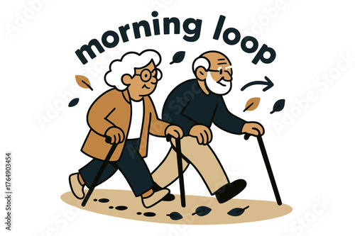 Elderly Morning Stroll. Elderly ? Neighborhood Walk. Two seniors stroll with canes along a clean path; tiny footprints and leaf icons trail behind. Caption
