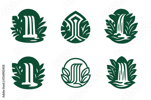 Rainforest Waterfall Logos. Rainforest waterfall. Set Logo of Rainforest waterfall: cascade behind foliage. harmonious logo variations of the same emblematic