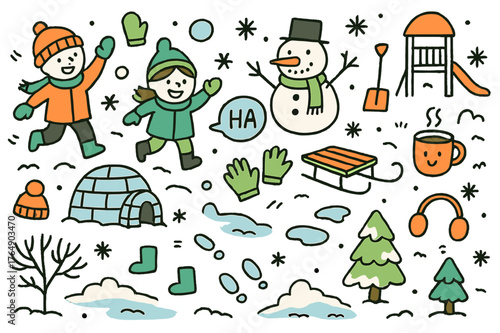 Winter Wonderland Playtime. Winter playtime. Hand-drawn doodle illustration snowballs (colored), children (colored), snowman (colored), winter hats (colored),