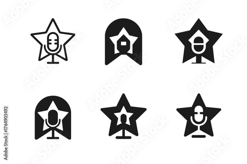 Celebrity Logo Variations. TV personalities and celebrities. Set Logo of TV personalities and celebrities: microphone and star framed in spotlight. Icon set.