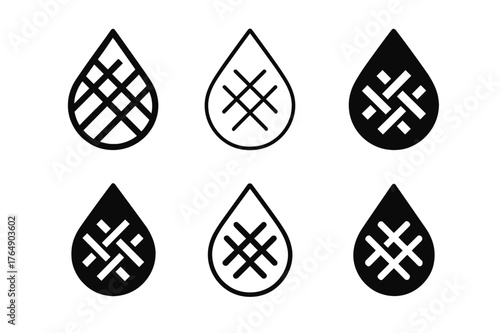 Ethical Fashion Logos. ethical fashion. Set Logo of ethical fashion: water droplet with fabric weave symbol. Icon set. harmonious logo variations of the same