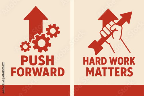 Motivational Banner Design. Push forward. Two vertical A6 banners with safe margins, centered composition, no elements touching edges, flat vector design, red