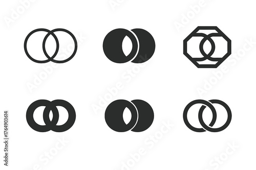 Interlocking Rings Logos. Building a successful marriage or partnership. Set Logo of interlocking rings: harmonious logo variations of the same emblematic