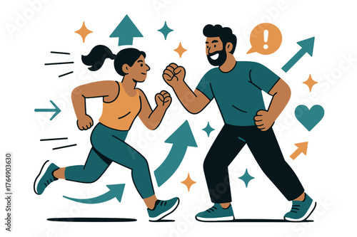 Dynamic Cardio Motivation. Workout motivation. Personal trainer cheering client during cardio session with abstract floating arrows, icons, and sparkles;
