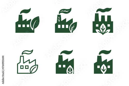 Eco Factory Logos. Social impact of businesses. Set Logo of eco-conscious factory: harmonious logo variations of the same emblematic concept, each with