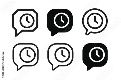 Social Media Logo Variations. Checking social media one last time. Set Logo of Checking social media one last time: an open chat bubble with a clock icon